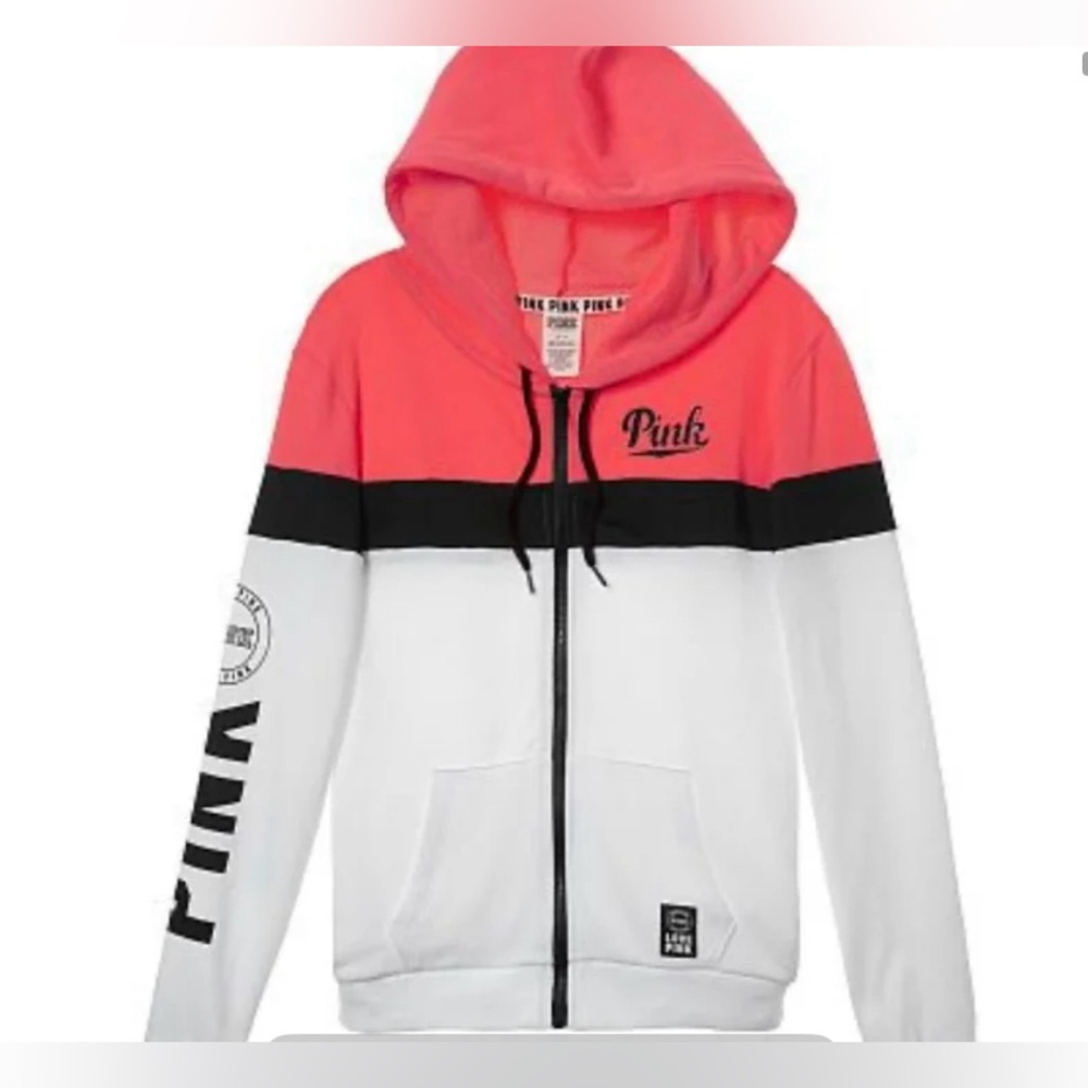 PINK Victoria's Secret Coral Pink, Black & White Colorblock Zip Hoodie